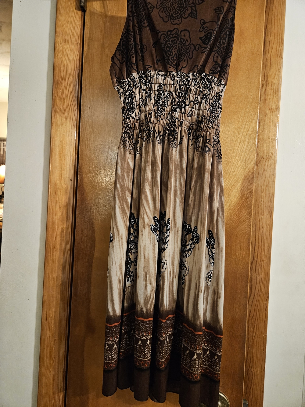 Brown Printed Smocked Waist Maxi Dress